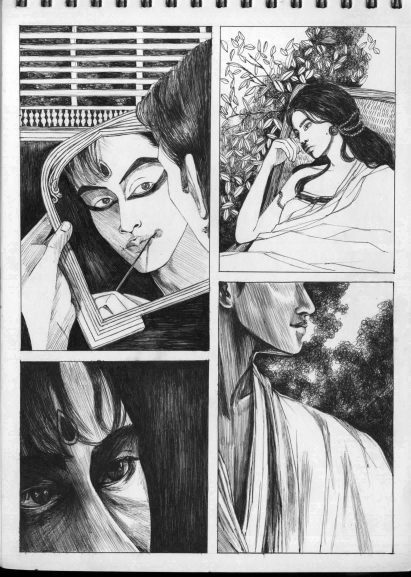 An image displaying four black and white illustrations of a person.