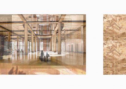 A visualisation of an interior space in tones of brown, with figures in the centre of the space and column structures throughout.
