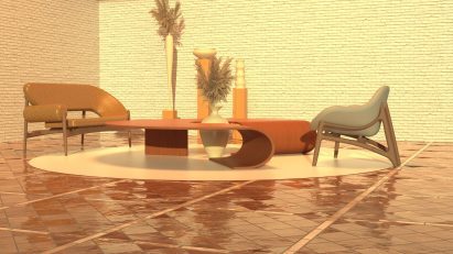 Visualisation of an interior space in orange tones, with two chairs and a table in the centre.