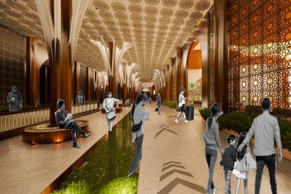 A visualisation of an interior space in colours of orange, beige and green, with people walking around the space.