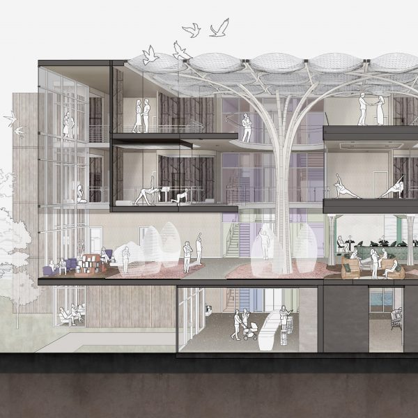 A visualisation of a large building and its interiors in colours of grey, green and white.
