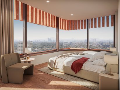 Bedroom with external concrete louvres hanging down