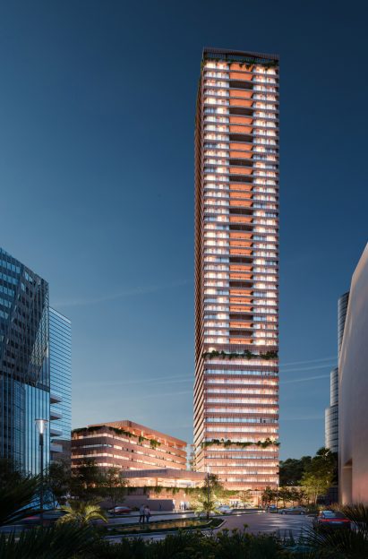 SOM breaks ground on skyscraper with "handmade surfaces" in Guadalajara at night