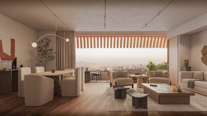 Minimalist living area in Guadalajara skyscraper