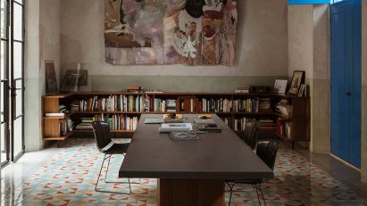 Dining room with dark wood furniture