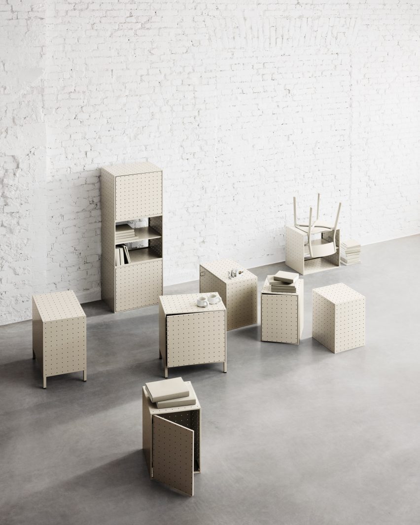 Center Center storage in oyster white, designed by Form Us With Love and produced by String Furniture