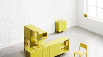 Center Center storage in yellow, designed by Form Us With Love and produced by String Furniture