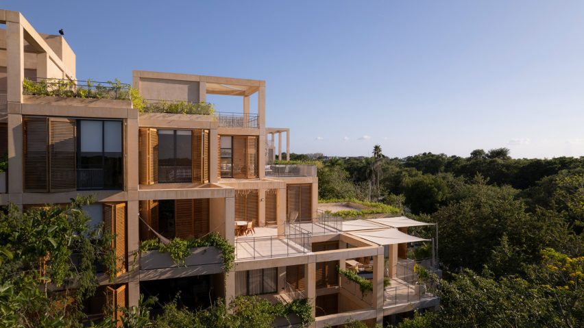 An apartment complex made of stacked units