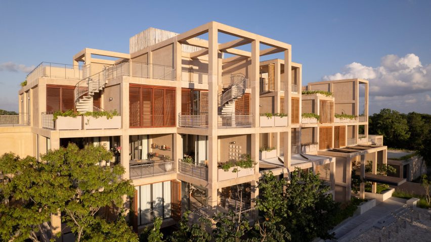 An apartment complex made of stacked square units