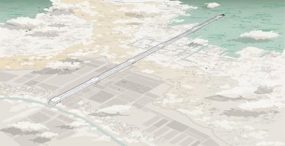 Visualisation from a distant birds eye view of land, in colours of green, white and beige.