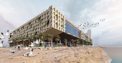 A visualisation of a building in tones of beige with palm trees around it, a blue sky behind it and blue water beside it. There are multiple birds flying around the building.
