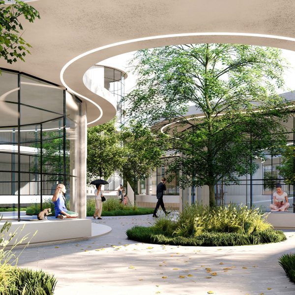 A visualisation of an outdoor building structure in tones of white and beige with trees and people around the space.