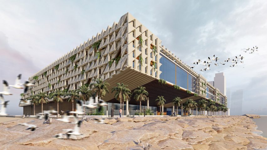 A visualisation of a building in tones of beige with palm trees around it, a blue sky behind it and blue water beside it. There are multiple birds flying around the building.