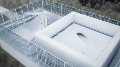 A visualisation of a building from above, in colours of blue and white.