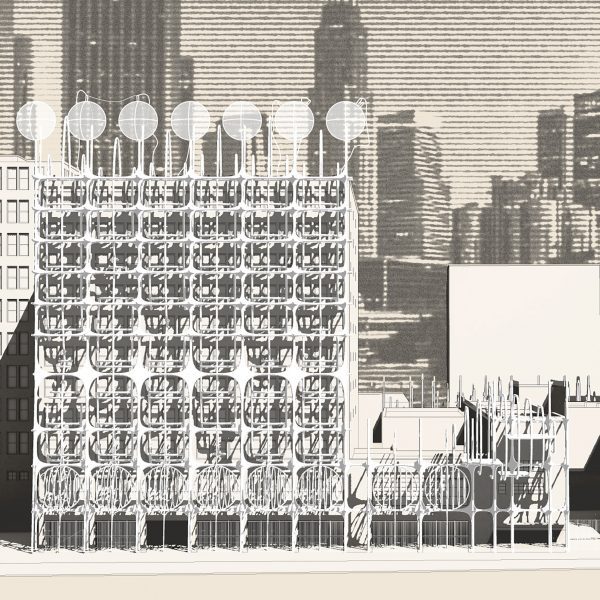 A visualisation of a building in tones of dark grey and beige.