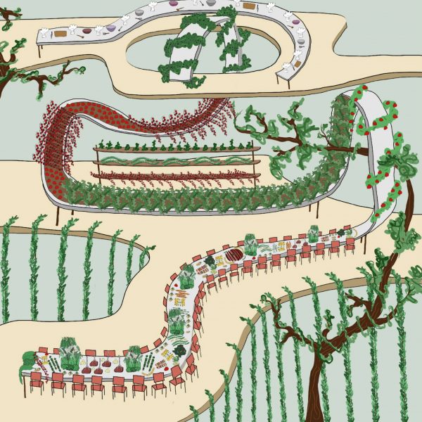 An illustration of trees and a long table with chairs round it, with colours of green, red and beige tones.