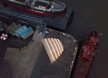 Overhead view of timber pavilion