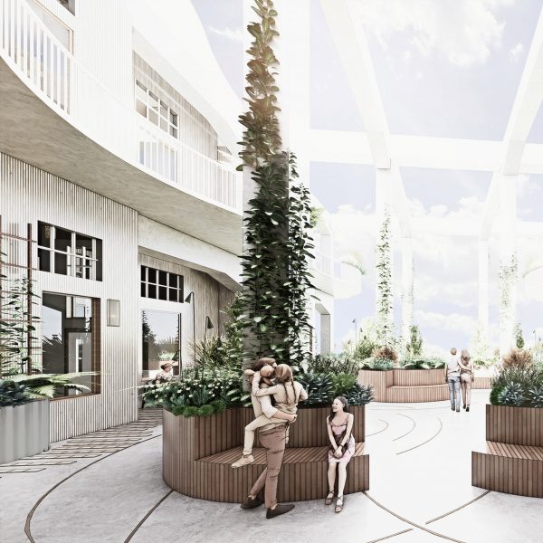 A visualisation of an interior space in tones of white and grey, with two large planters in its centre that have a brown wooden panelling with tall green plants in them. There are people sitting around the planter and walking in the space.