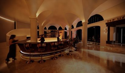 A visualisation of the interior of a space in tones of brown and orange, with a bar in the centre of it and arches and columns throughout, with people in the space.