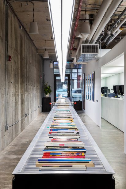 A case filled with hundreds of rare design books