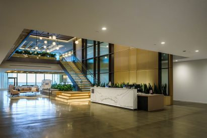 A lobby with marble desk