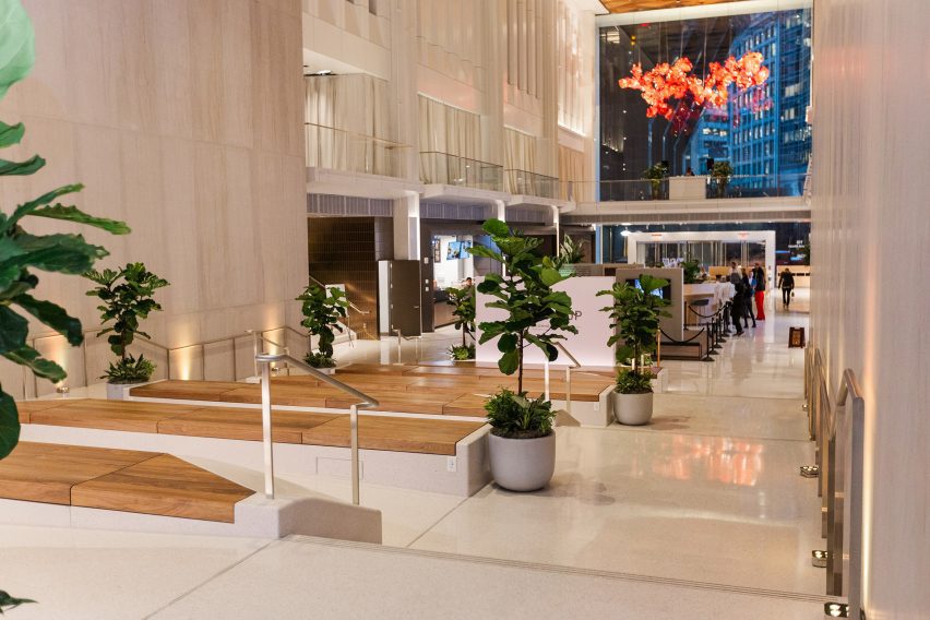 A lobby clad in white marble
