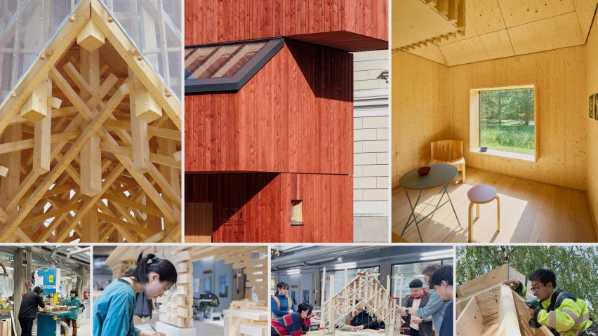 A selection og images displaying people completing woodwork, and others of wooden buildings in various tones of red, yellow and beige.