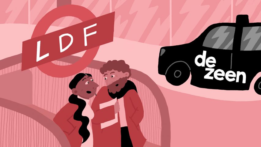 Illustration of two people leaving an escalator with a black taxi behind