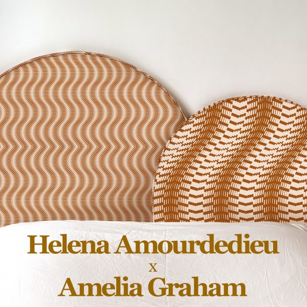 Photo of textiles by Helena Amourdedieu x Amelia Graham with text overlay