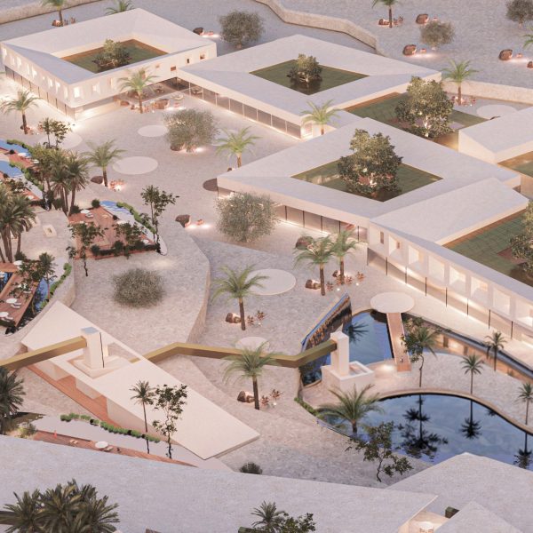 Visualisation of group of white buildings with green roofs and surrounding palm trees, water, and illuminated white lights.