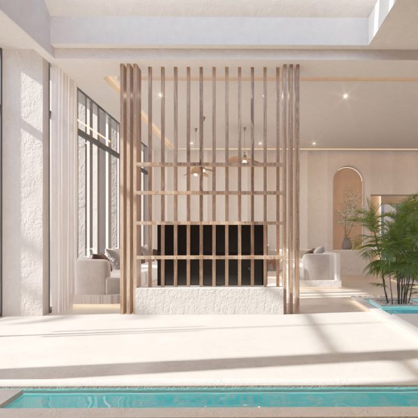 A visualisation of a space in tones of white and blue, with green trees in it.