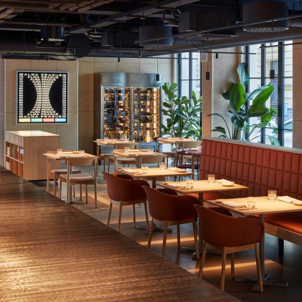 Restaurant interior with exposed services on the ceiling