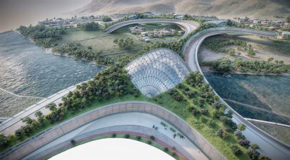 A visualisation showing a building from above in tones of blue, with green surrounding areas and blue water.