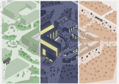 Three illustrations adjacent to one another oof a building from above, in tones of green, blue and pink.