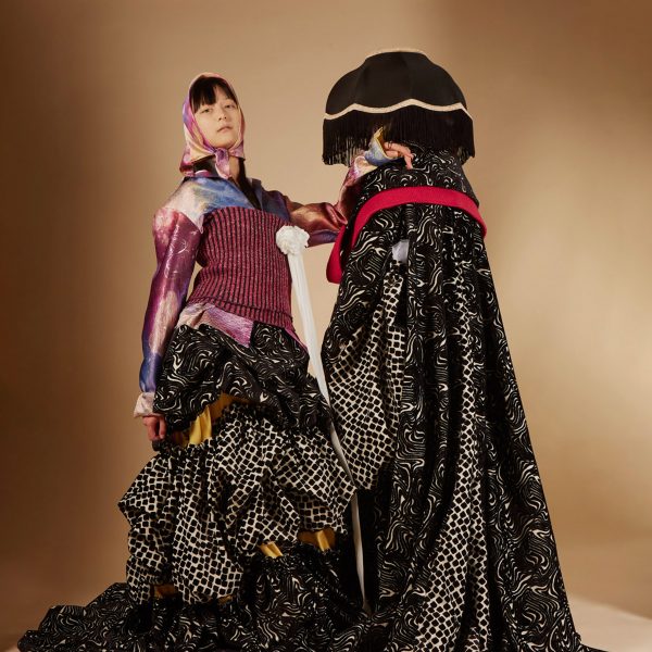 Two photographs showcasing a fashion collection on various models.
