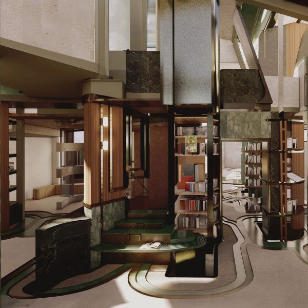 A visualisation of a library in tones of brown and green