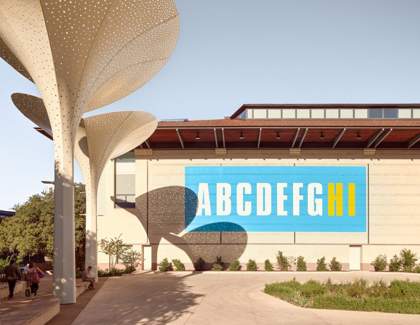 A building with a large blue sign on it