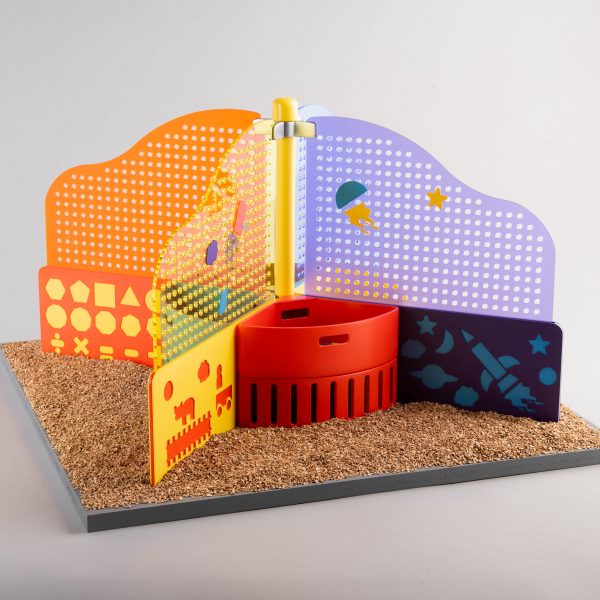 A photograph displaying an interactive object in tones of orange, yellow, red, purple and blue.