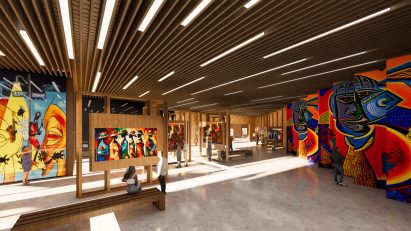 A visualisation of an empty interior space in tones of brown, white, red, orange, yellow and blue.