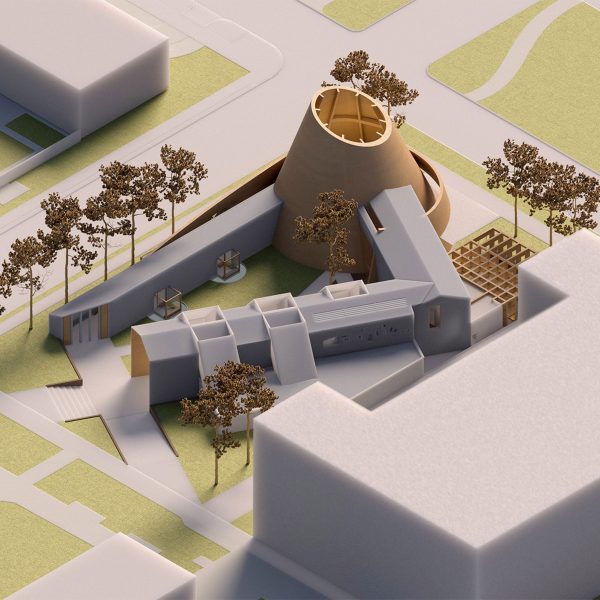 A visualisation of an architectural model in tones of brown, grey and green.