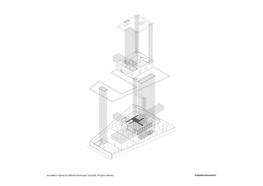 Axonometric drawing of Dot.Ateliers Ogbojo by DeRoché Strohmayer