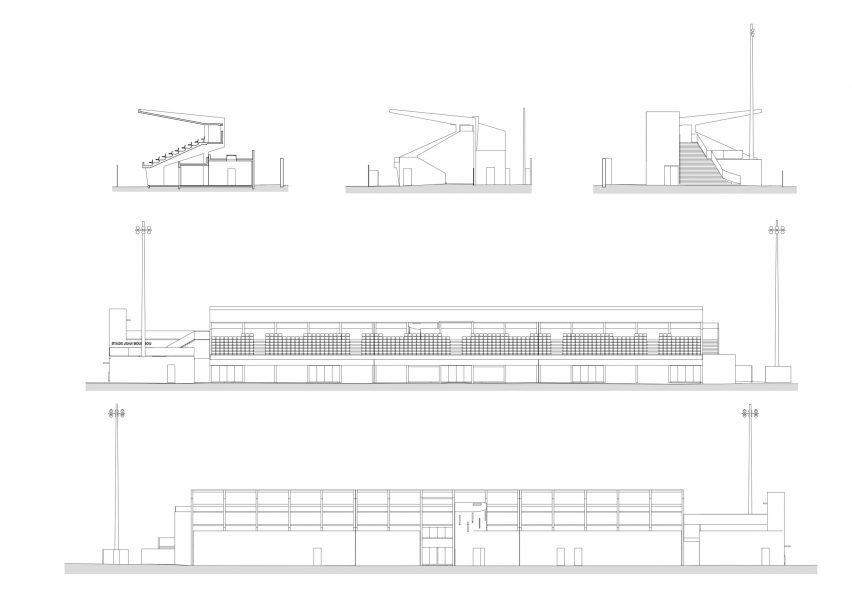 Elevations of the Jean Bouissou Stadium Stand by Baito Architectes and Atelier Pirollet Architectes