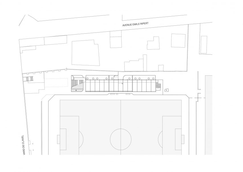 Site plan of the Jean Bouissou Stadium Stand by Baito Architectes and Atelier Pirollet Architectes