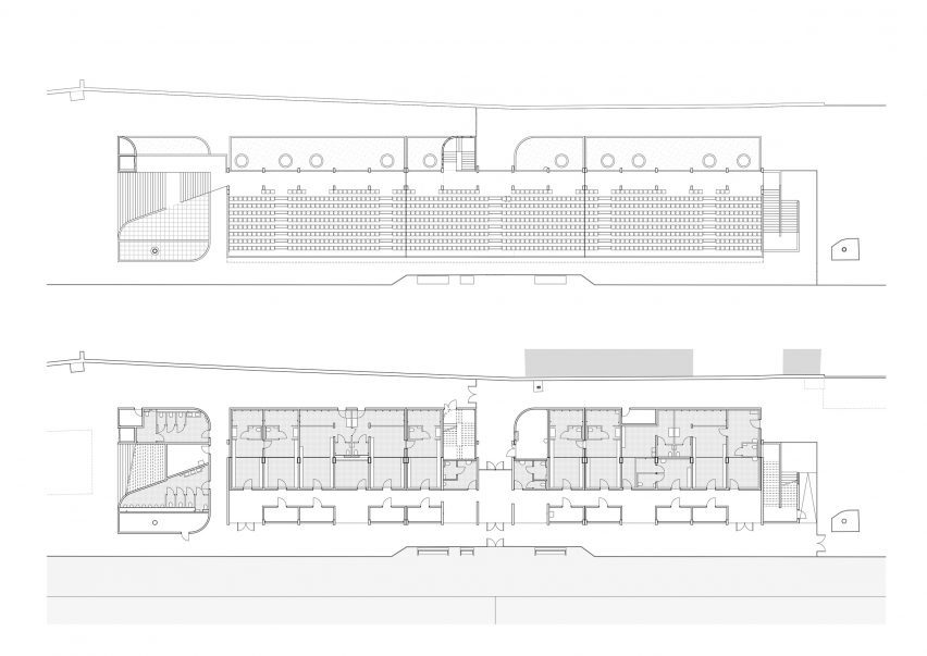 Floor plans of the Jean Bouissou Stadium Stand by Baito Architectes and Atelier Pirollet Architectes