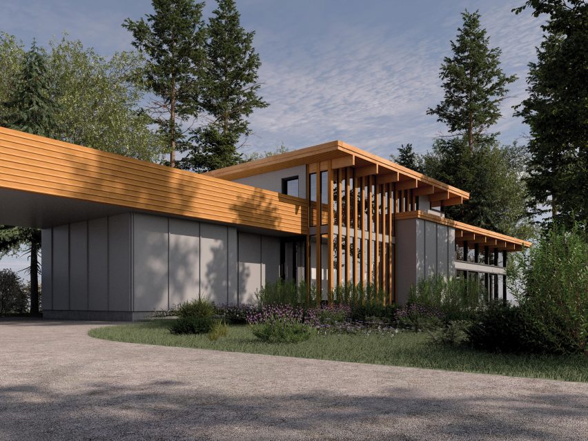 Exterior render of a house informed by Frank Lloyd Wright