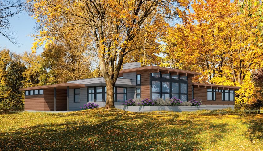 A render of a house informed by Frank Lloyd Wright designs