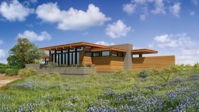 A render of a house informed by Frank Lloyd Wright designs