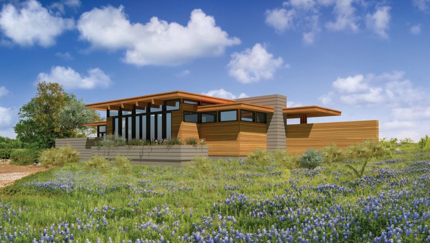 A render of a house informed by Frank Lloyd Wright designs
