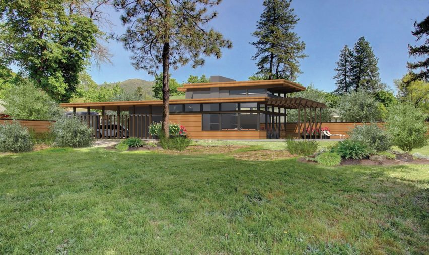 A render of a house informed by Frank Lloyd Wright designs