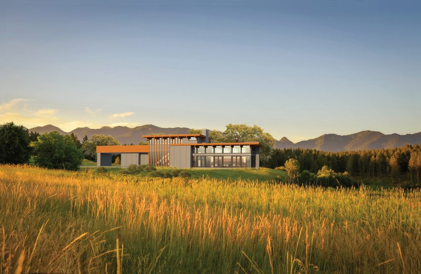 Exterior render of a house in a field